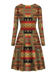 GB-NAT00046-08 Brown Native Pattern Long Sleeve Dress - Powwow Store