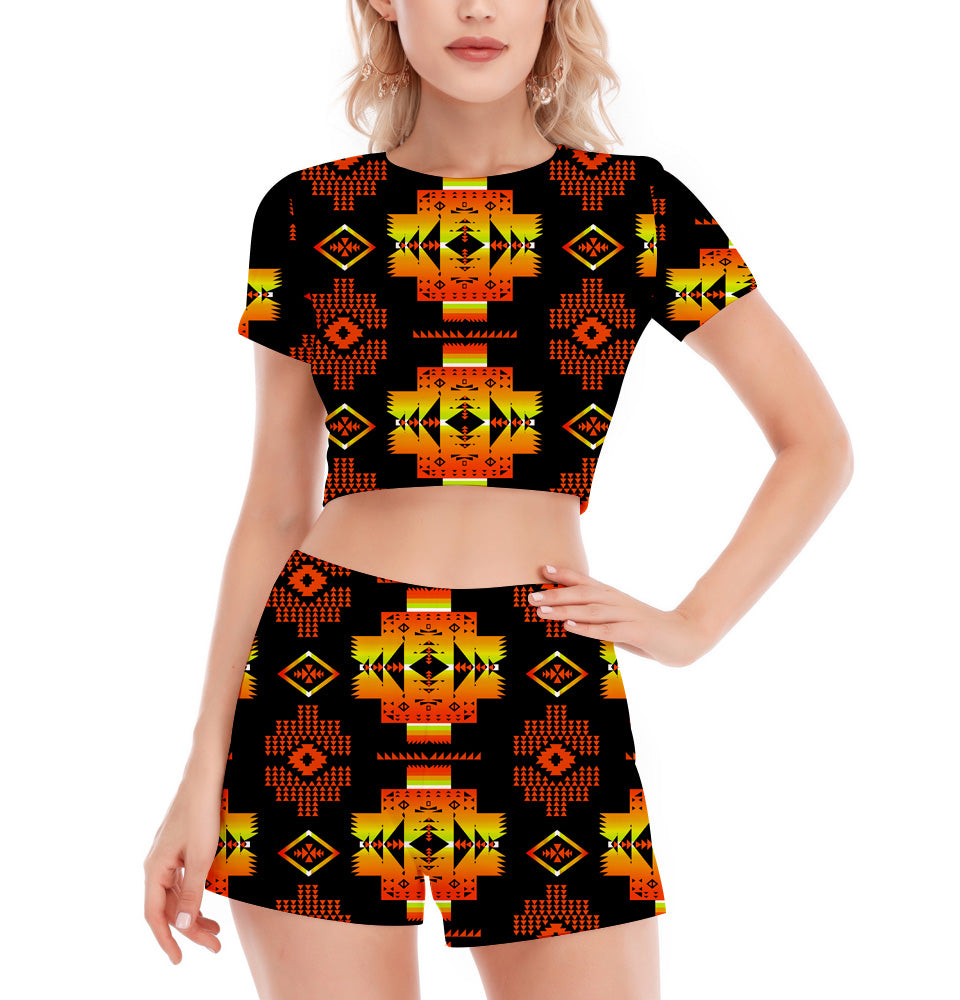 Powwow StoreGBNAT0072006 Pattern Native Women's Short Sleeve Cropped Top Shorts Suit