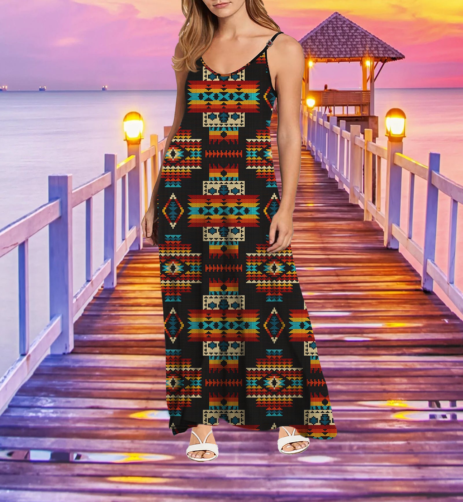 Powwow StoreGBNAT00402 Tribe Design Native American Maxi Dress