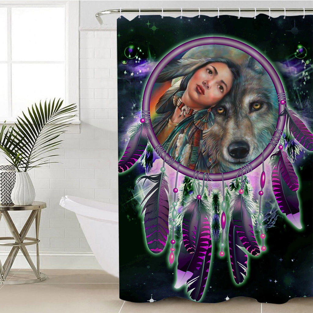 GB-NAT00394 Native Girl & Wolf Shower Curtain
