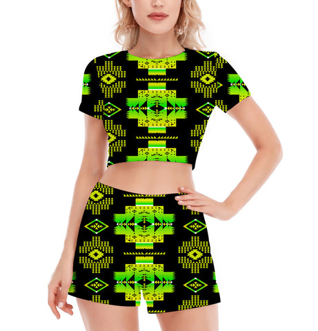 Powwow StoreGBNAT0072007 Pattern Native Women's Short Sleeve Cropped Top Shorts Suit