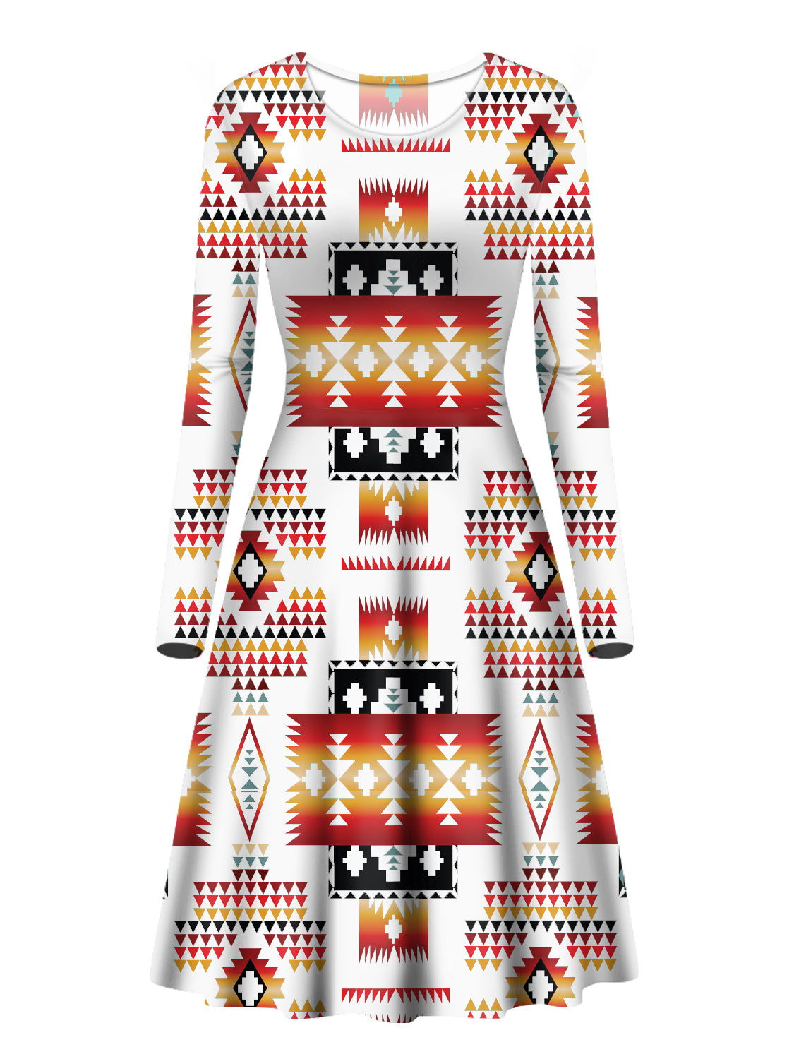 GB-NAT00075 White Pattern Native Long Sleeve Dress - Powwow Store