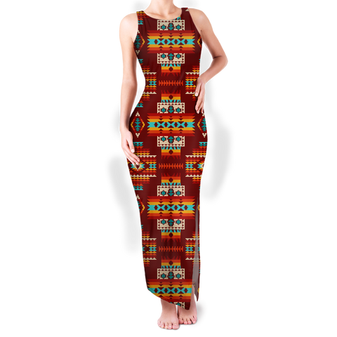 GB-NAT00402-02 Pattern Native Round Neck Double Slit Sundress