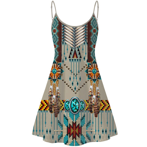 GB-NAT00069 Turquoise Blue Pattern Breastplate Native American Strings Dress