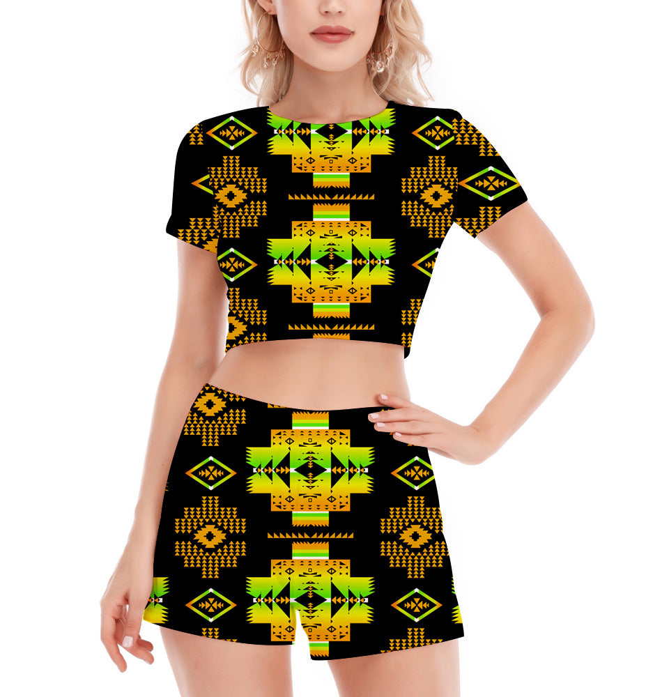 Powwow StoreGBNAT0072008 Pattern Native Women's Short Sleeve Cropped Top Shorts Suit