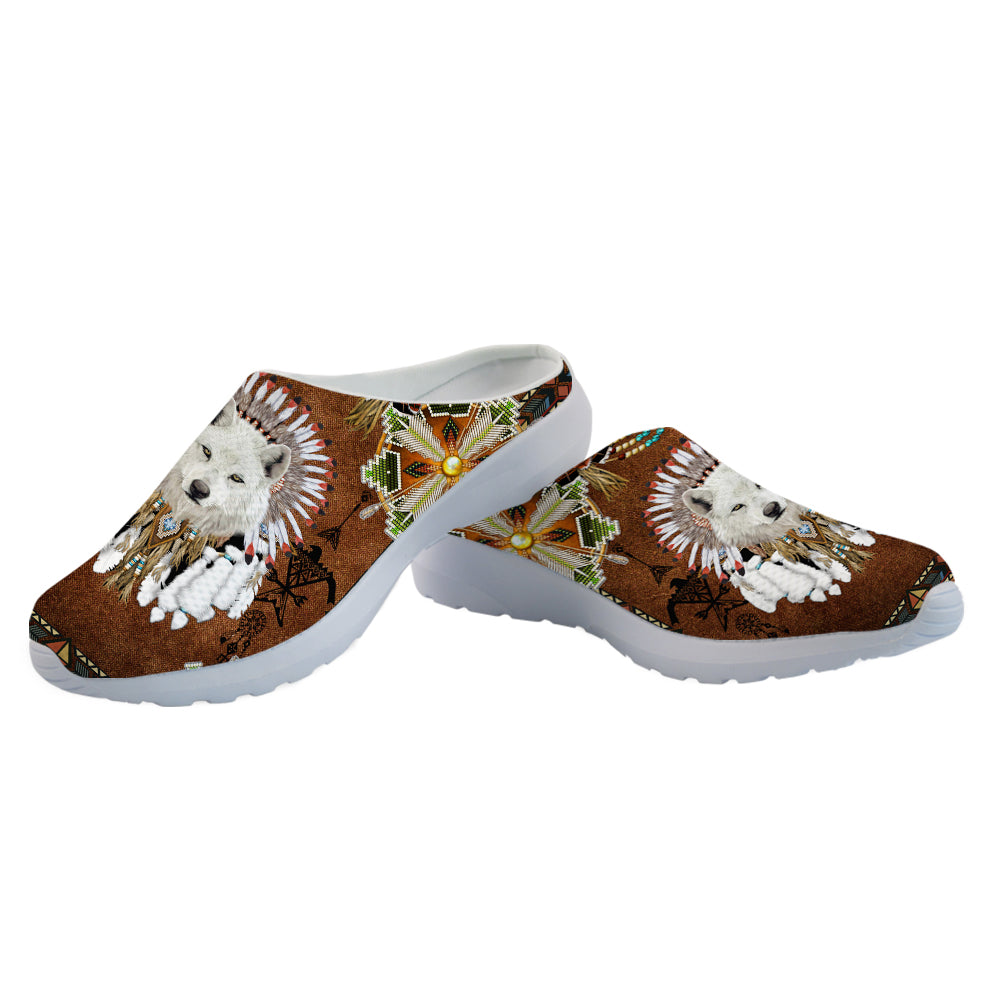 Powwow StoreWhite Wolf With Headres Mesh Slippers