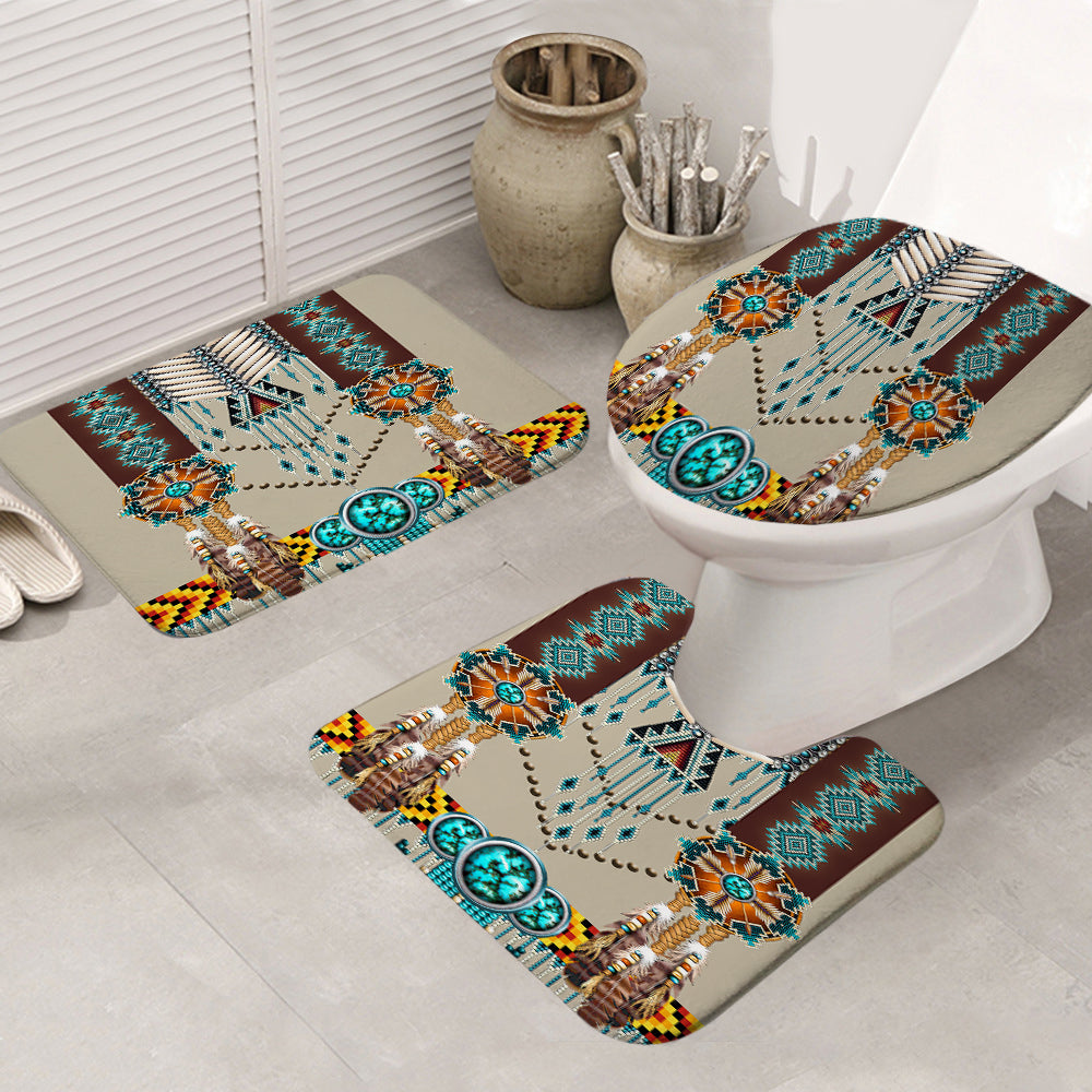 GB-NAT00069 Turquoise Blue Pattern Breastplate Bathroom Mat 3 Pieces - Powwow Store