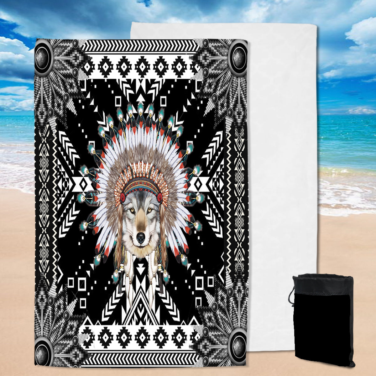 Powwow StorePBT0007 Black Wolf  Tribe Native Pool Beach Towel