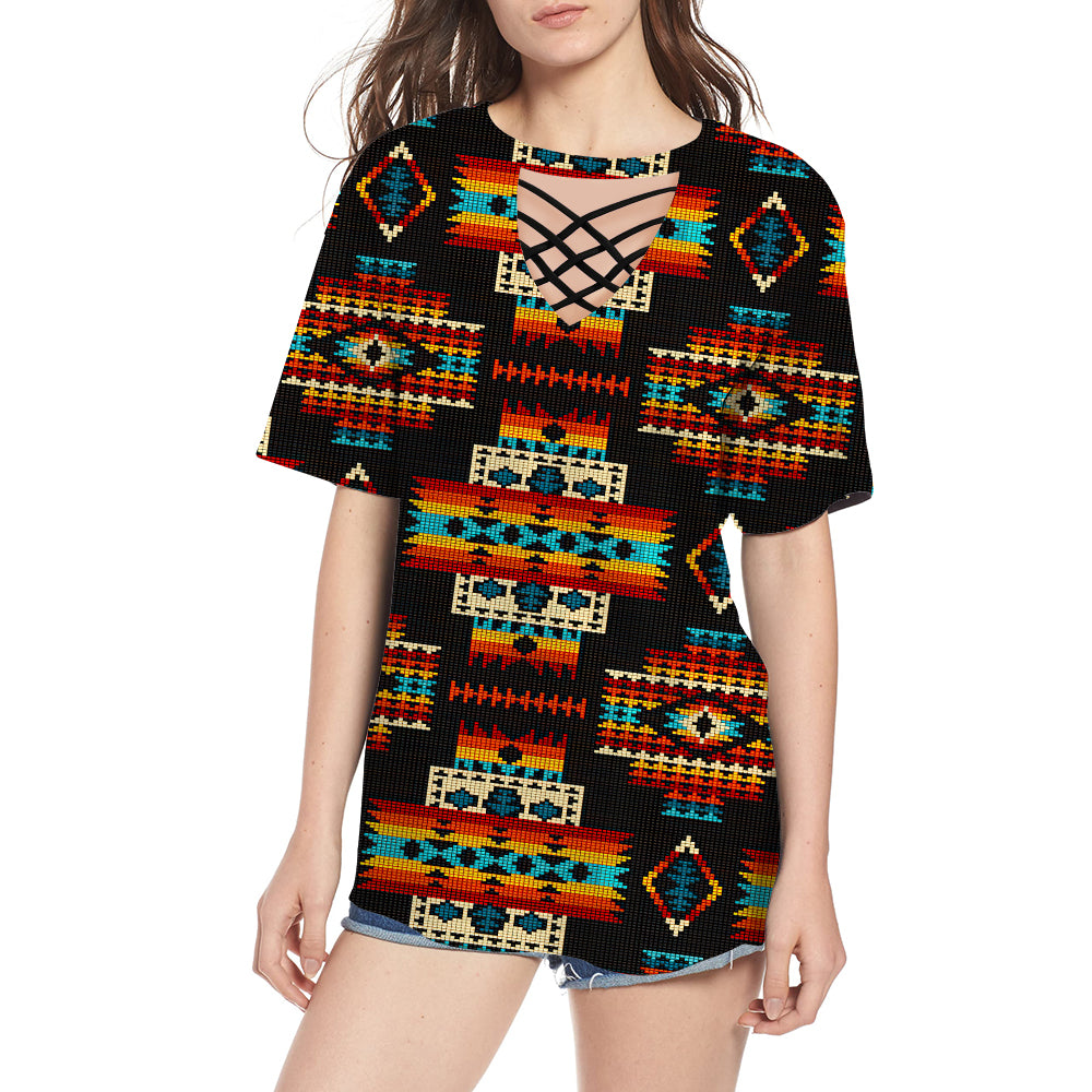 GB-NAT00402 Black Pattern Round Neck Hollow Out Tshirt - Powwow Store