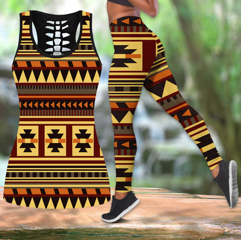 Powwow Store gb nat00507 brown ethnic pattern hollow tanktop legging set