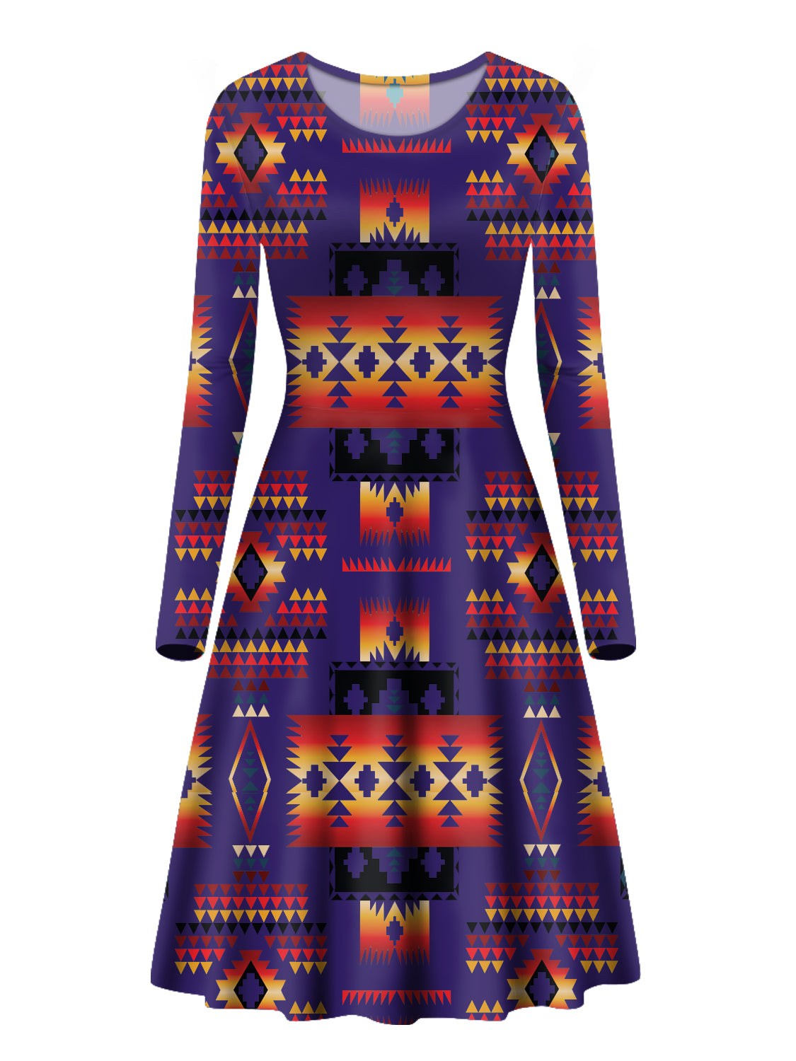 GB-NAT00046-11 Dark Purple Pattern Native Long Sleeve Dress - Powwow Store