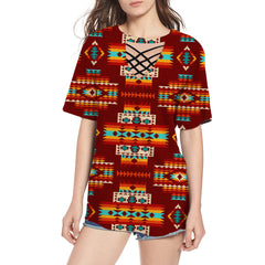 GB-NAT00402-02 Red Pattern Round Neck Hollow Out Tshirt - Powwow Store