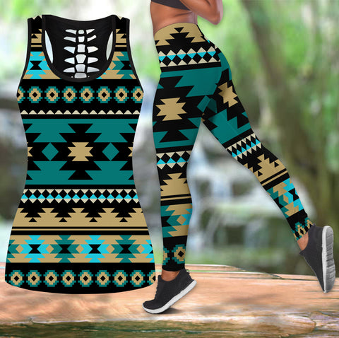 Powwow Store gb nat00509 green ethnic aztec pattern hollow tanktop legging set