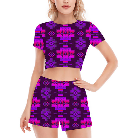 Powwow StoreGBNAT0072015 Pattern Native Women's Short Sleeve Cropped Top Shorts Suit