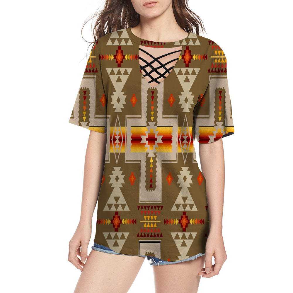 GB-NAT00062-10 Light Brown Tribe Design Native American Round Neck Hollow Out Tshirt