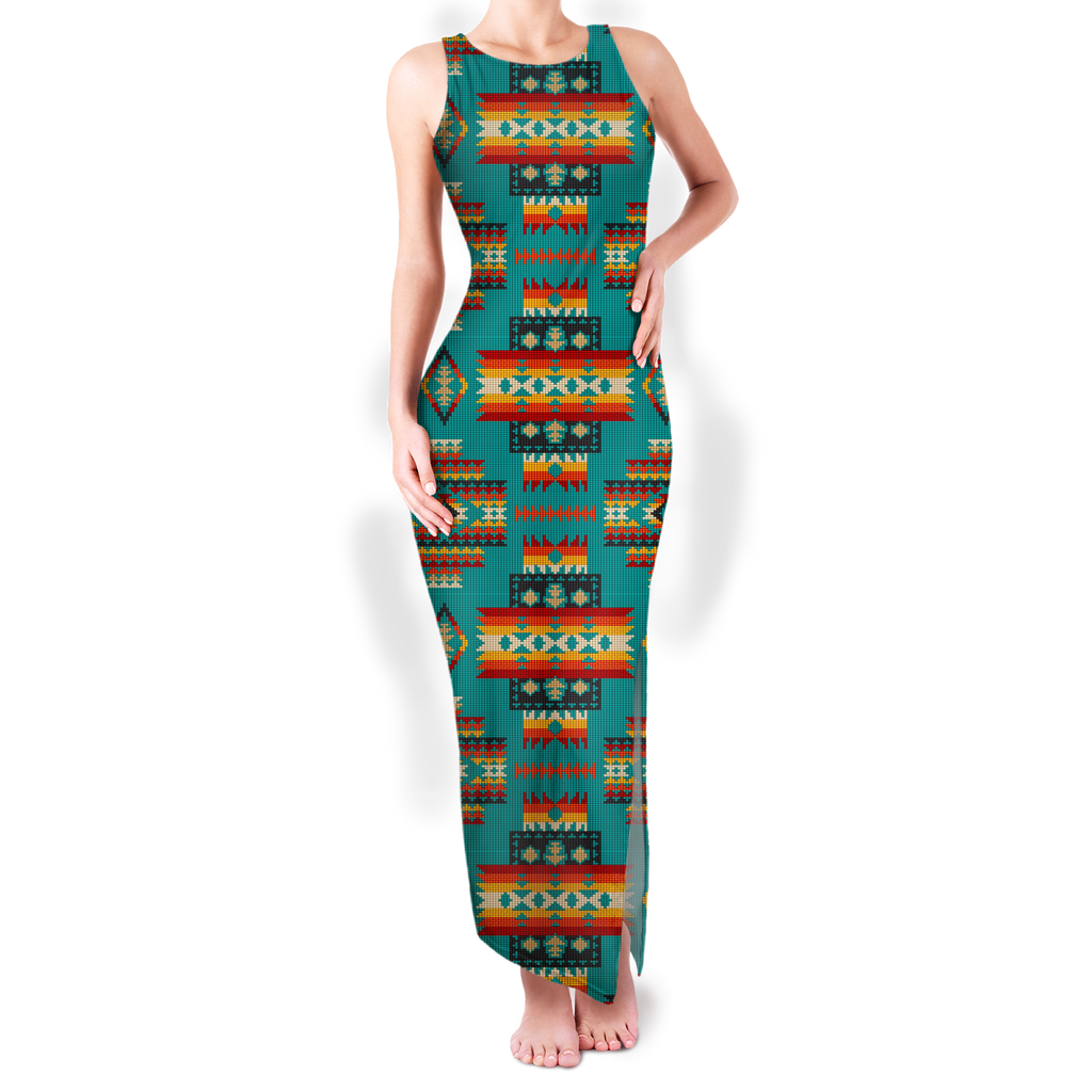 Powwow StoreGBNAT0040204 Pattern Native Round Neck Double Slit Sundress