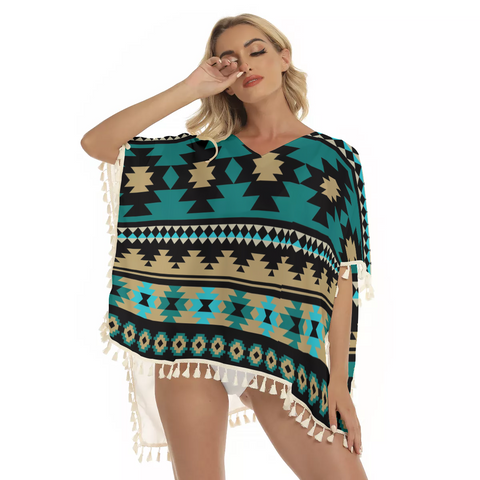 Powwow Store gb nat00509 green ethnic aztec pattern square fringed shawl