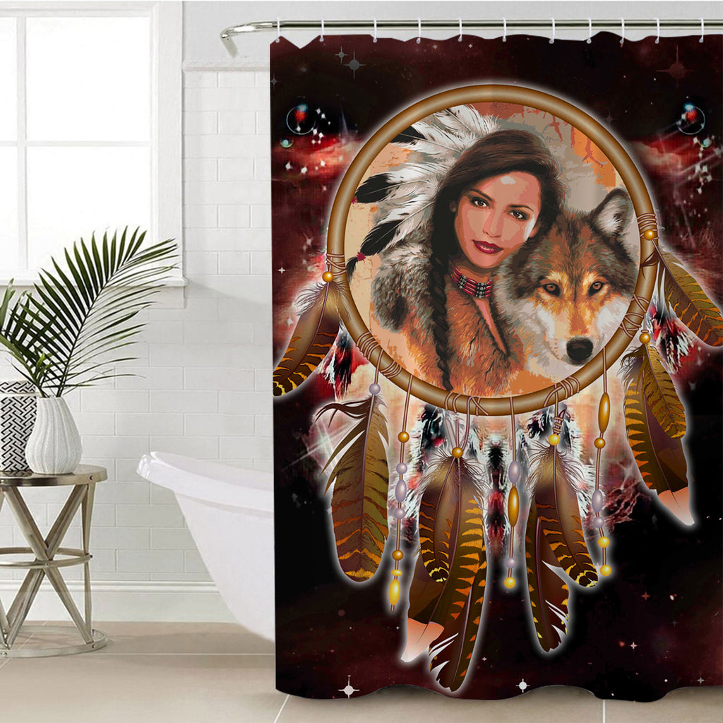 GB-NAT00354 Native Girl Dream Catcher Red Galaxy Shower Curtain