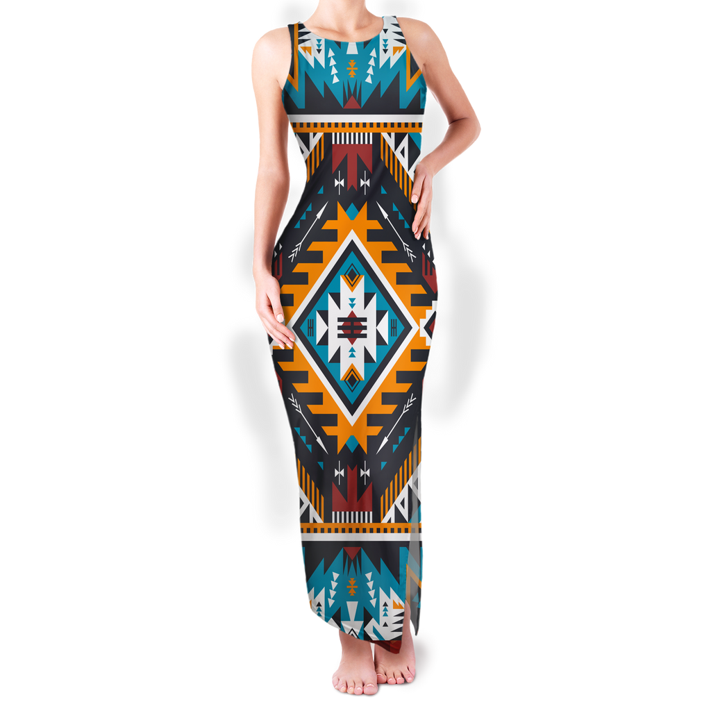 Powwow StoreGBNAT00406 Pattern Native Round Neck Double Slit Sundress