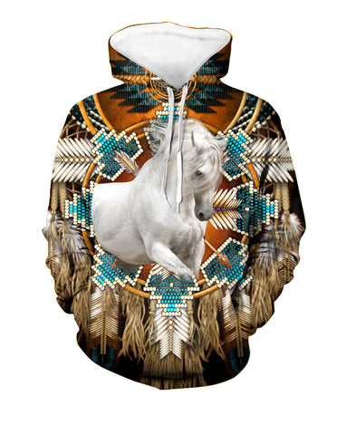 Powwow Store gb nat00503 white horse blue pattern 3d hoodie