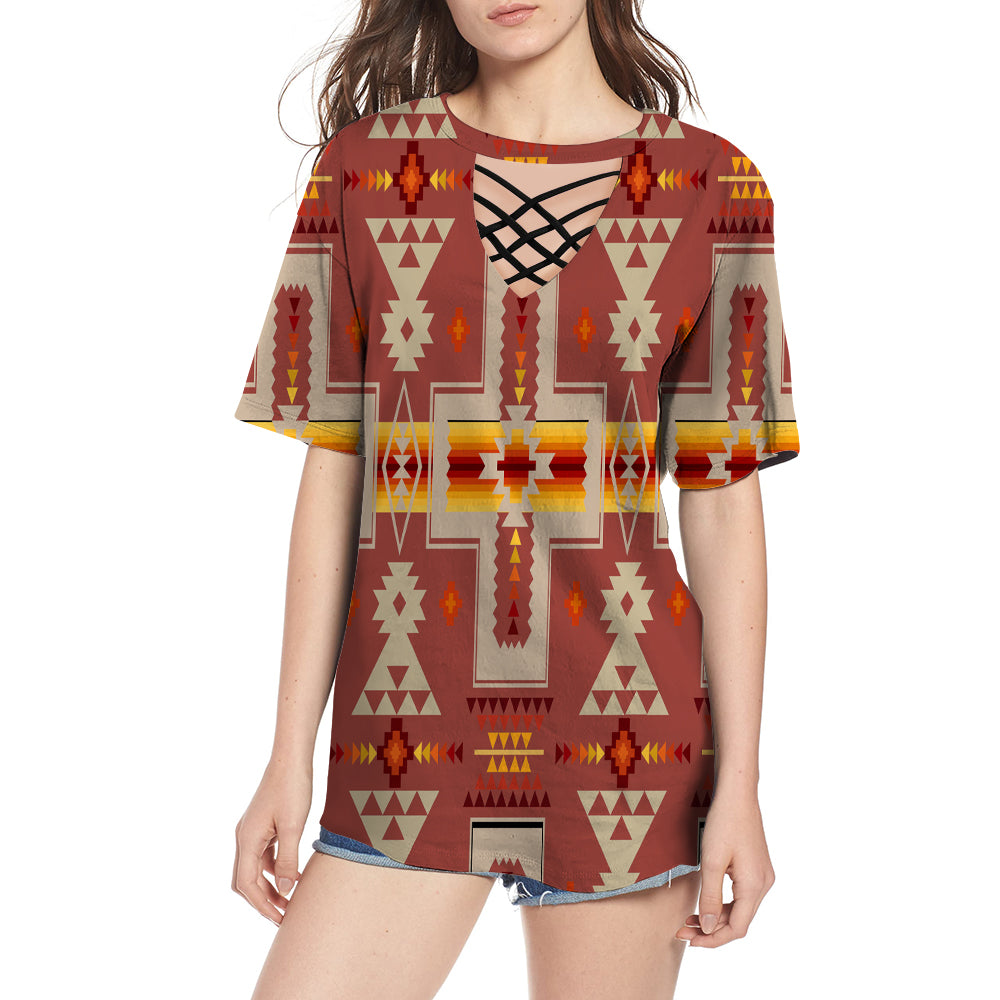 GB-NAT00062-11 Tan Tribe Design Native American Round Neck Hollow Out Tshirt