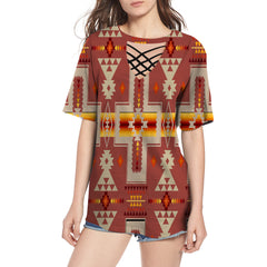 GB-NAT00062-11 Tan Tribe Design Native American Round Neck Hollow Out Tshirt - Powwow Store