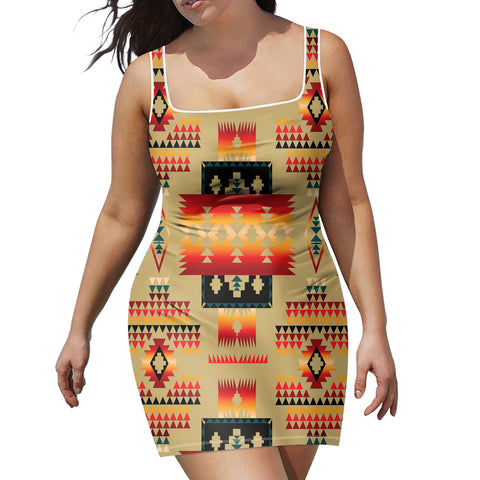 GB-NAT00046-15 Light Brown Tribe Pattern  Neckline Dress