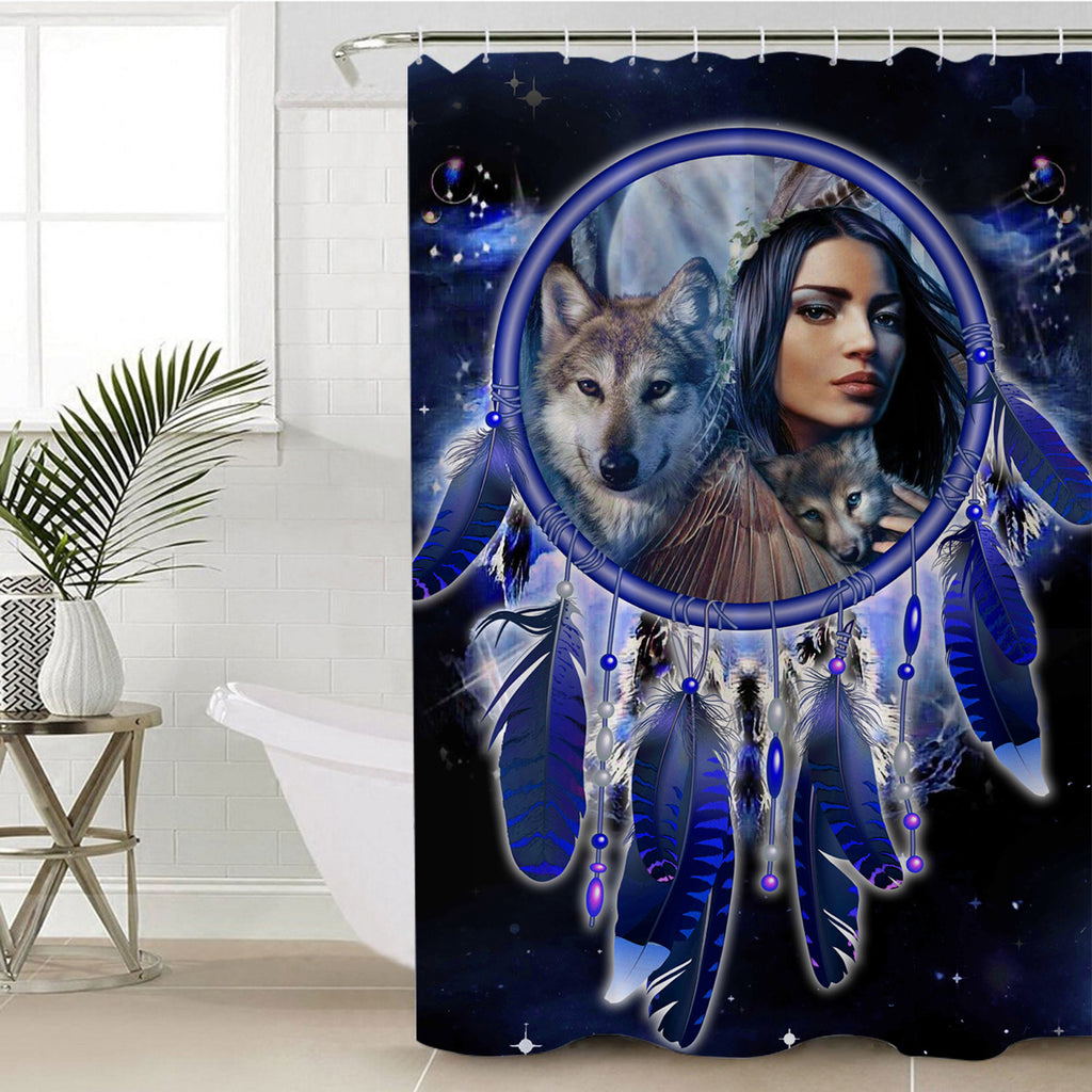 GB-NAT00355 Native Girl Dream Catcher Blue Galaxy Shower Curtain