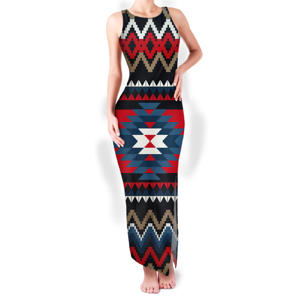 Powwow StoreGBNAT00529 Pattern Native Round Neck Double Slit Sundress