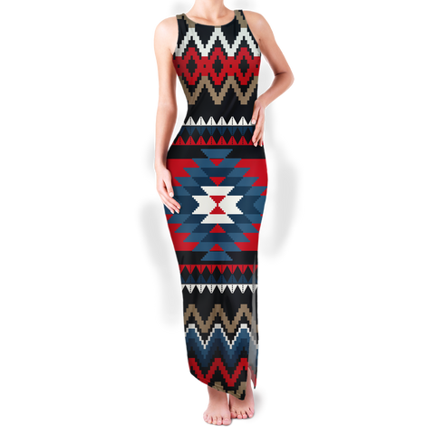 GB-NAT00529 Pattern Native Round Neck Double Slit Sundress