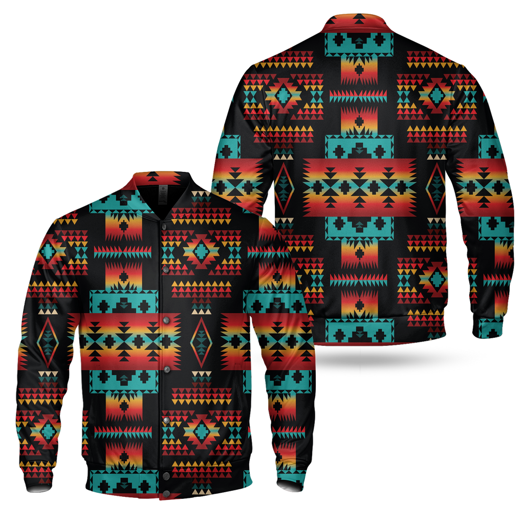 GB-NAT00046-02 Black Native Tribes Pattern  Over Print Baseball Jacket