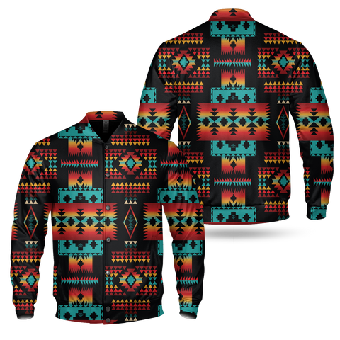 GB-NAT00046-02 Black Native Tribes Pattern  Over Print Baseball Jacket