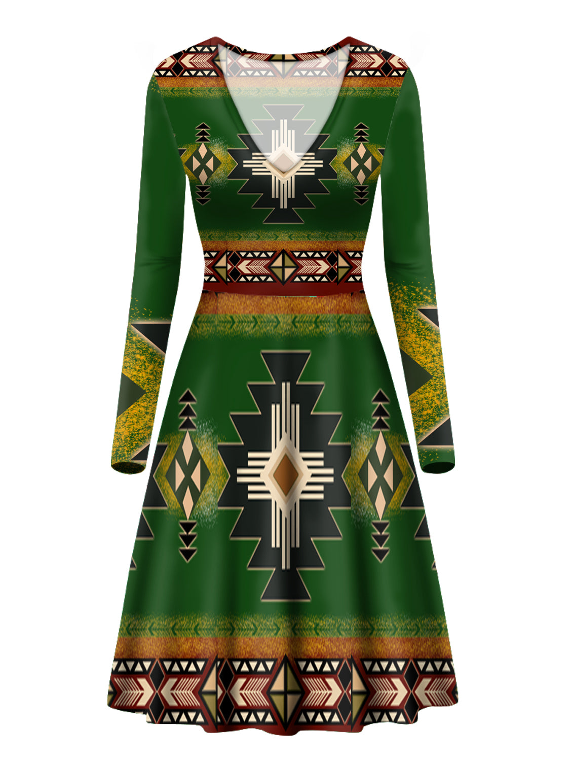 GB-NAT0001-01 Southwest Green Symbol Native American V-Long Sleeve Dress - Powwow Store