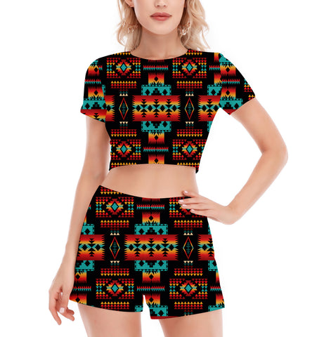 Powwow StoreGBNAT0004602 Pattern Native Women's Short Sleeve Cropped Top Shorts Suit