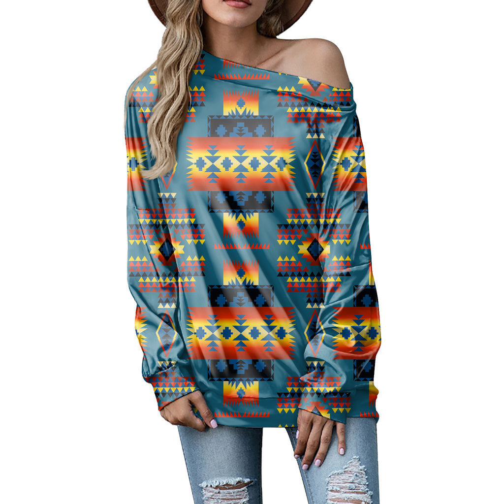 Powwow Store gb nat00046 21 blue native tribes pattern native american off shoulder sweatshirt