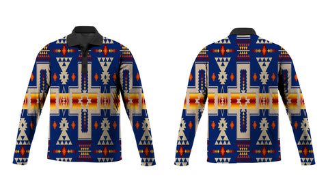 GB-NAT00062-04 Navy Tribe Design Native American Polo Long Sleeve
