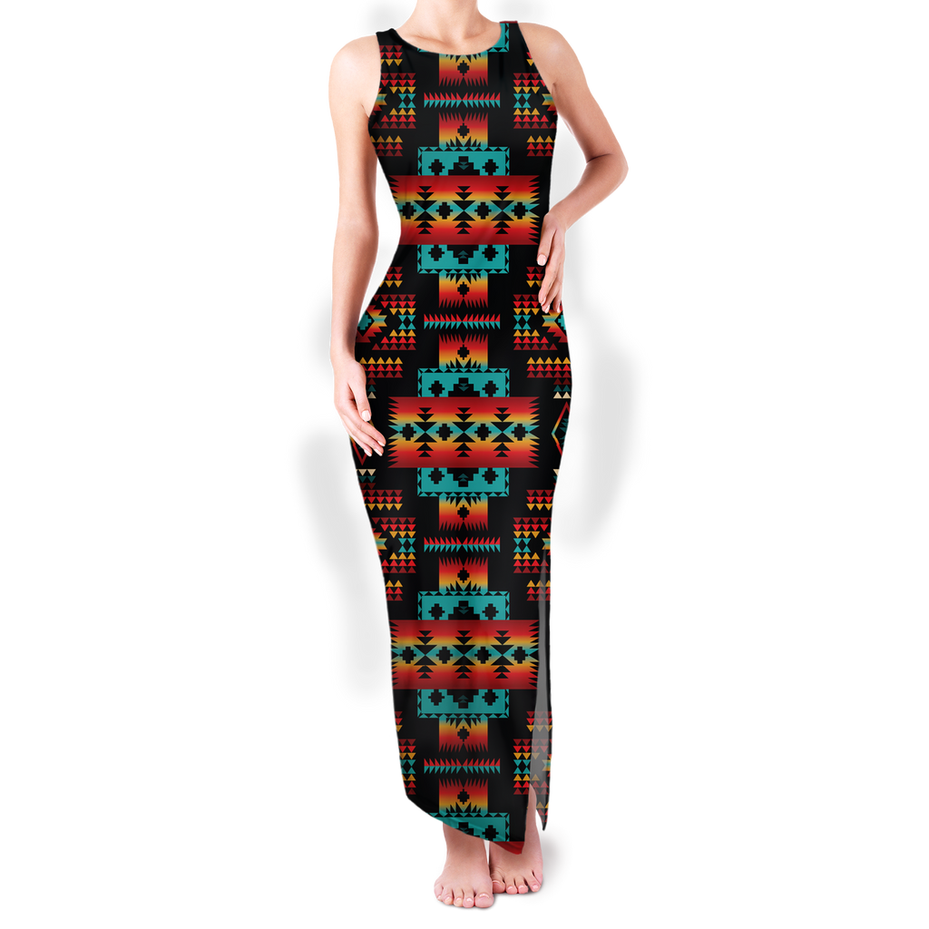 Powwow StoreGBNAT0004602 Pattern Native Round Neck Double Slit Sundress