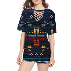 GB-NAT00539 Cross & Arrow Pattern Round Neck Hollow Out Tshirt - Powwow Store