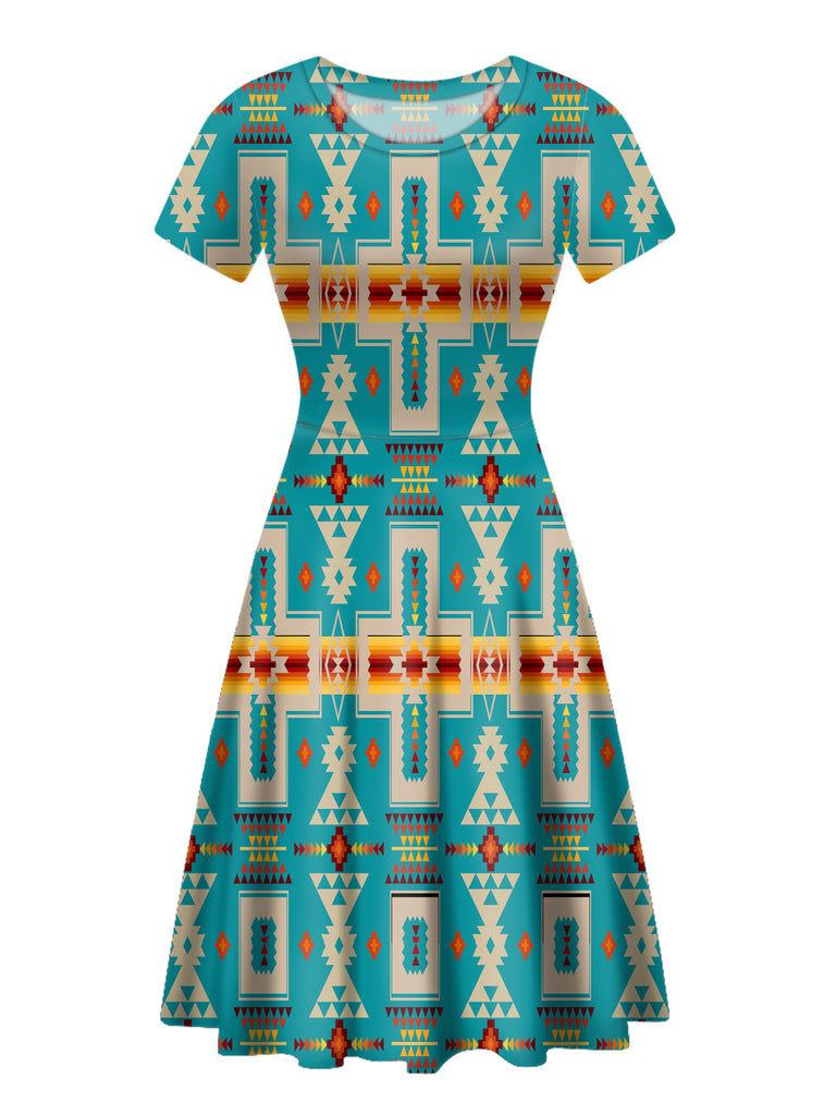 GB-NAT00062-05 Turquoise Tribe Design Round Neck Dress