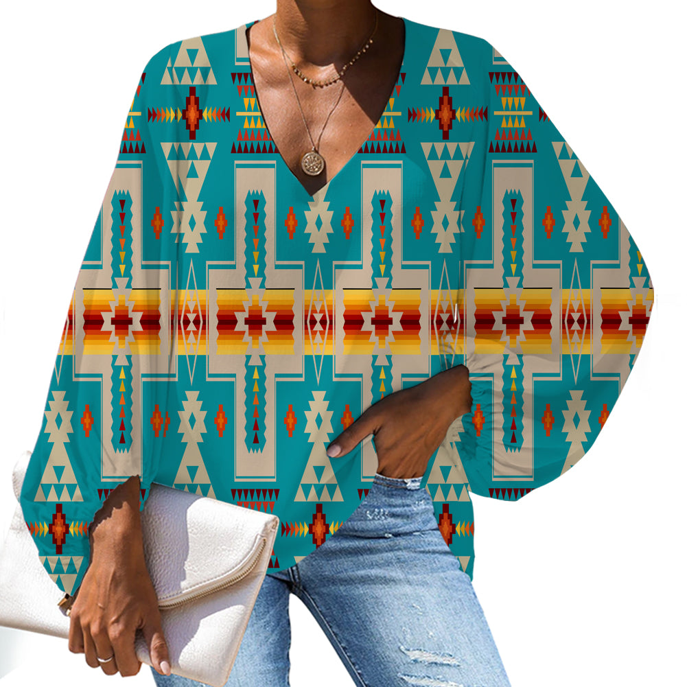 GB-NAT00062-05 Turquoise Tribe Design Native American Chiffon Shirt - Powwow Store