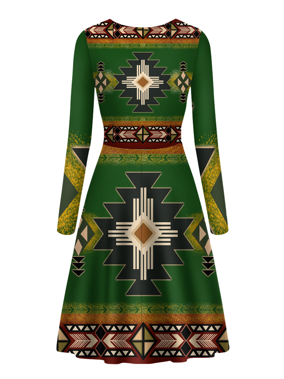 GB-NAT0001-01 Southwest Green Symbol Native American V-Long Sleeve Dress - Powwow Store