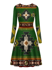 GB-NAT0001-01 Southwest Green Symbol Native American V-Long Sleeve Dress - Powwow Store