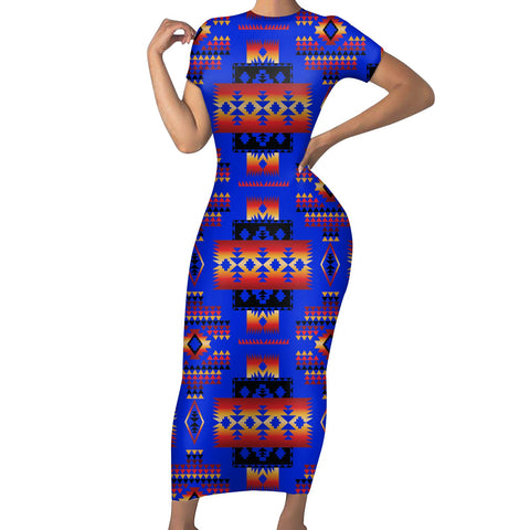 GB-NAT00046-06 Dark Blue Native Tribes Pattern Native American Short-Sleeved Body Dress