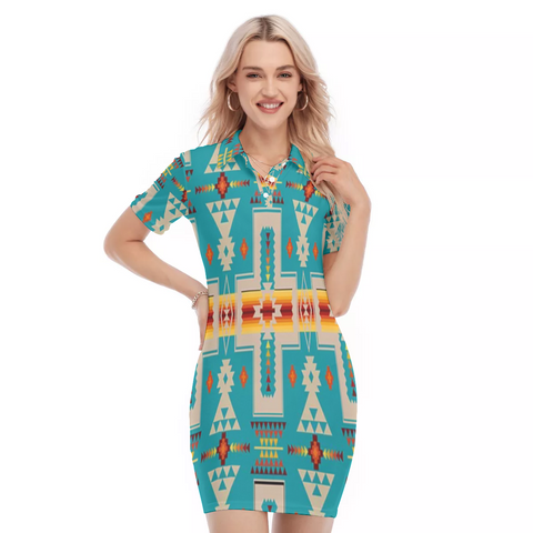 Powwow Store gb nat00062 05 turquoise tribe design polo collar dress