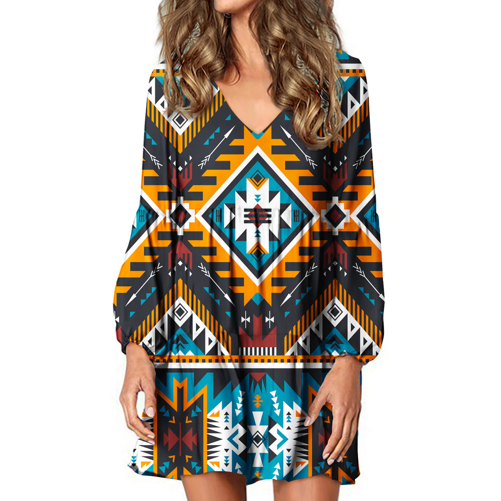 Powwow Store gb nat00406 yellow aztec geometric swing dress