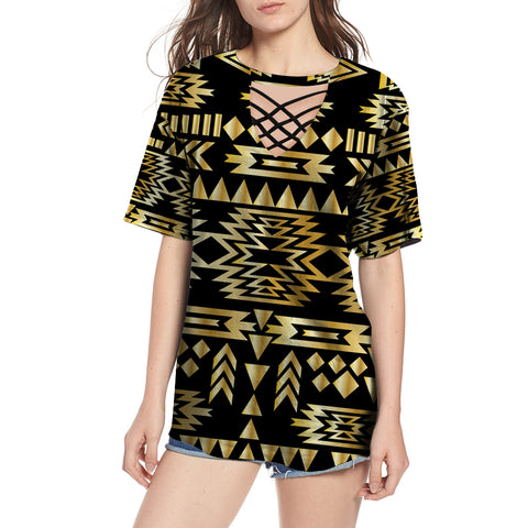 Powwow Store gb nat00566 seamless yellow pattern round neck hollow out tshirt