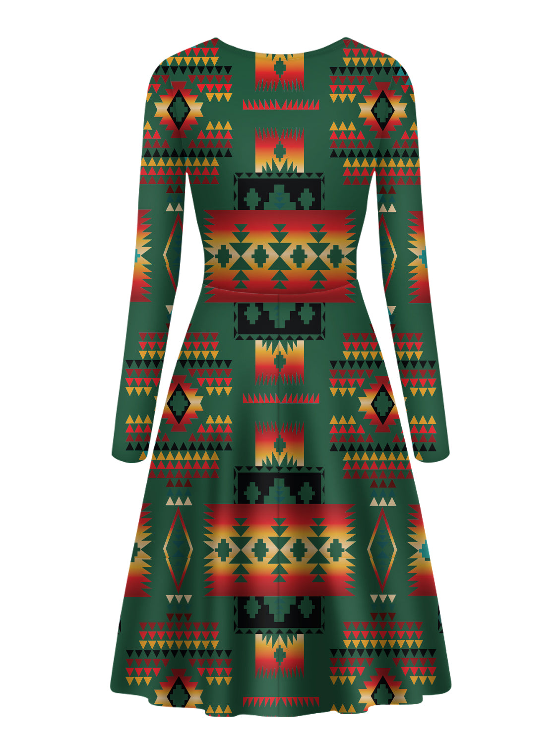 GB-NAT00046-10 Dark Green Pattern Native Long Sleeve Dress - Powwow Store