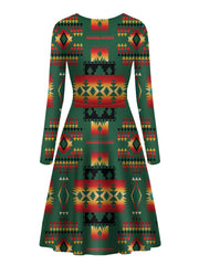 GB-NAT00046-10 Dark Green Pattern Native Long Sleeve Dress - Powwow Store