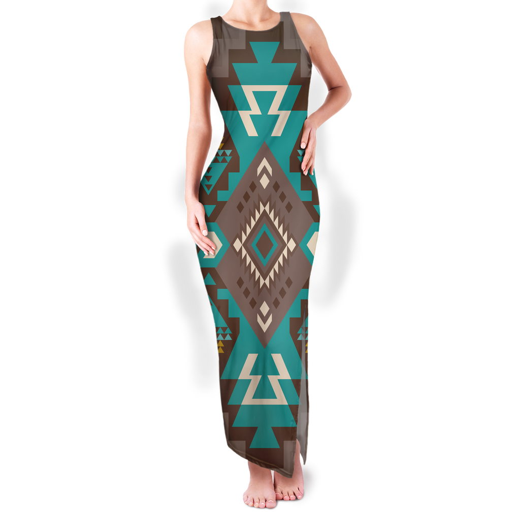 Powwow StoreGBNAT0053801 Pattern Native Round Neck Double Slit Sundress