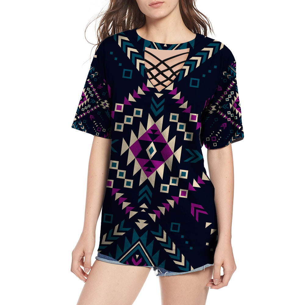 GB-NAT00565 Dark Color Pattern Round Neck Hollow Out Tshirt - Powwow Store